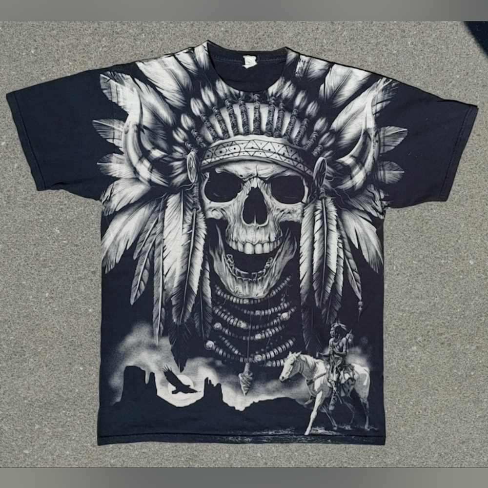 ​Vtg 2000s Jerzees Skull Native American Graphic T-Shirt L Thrashed Distressed